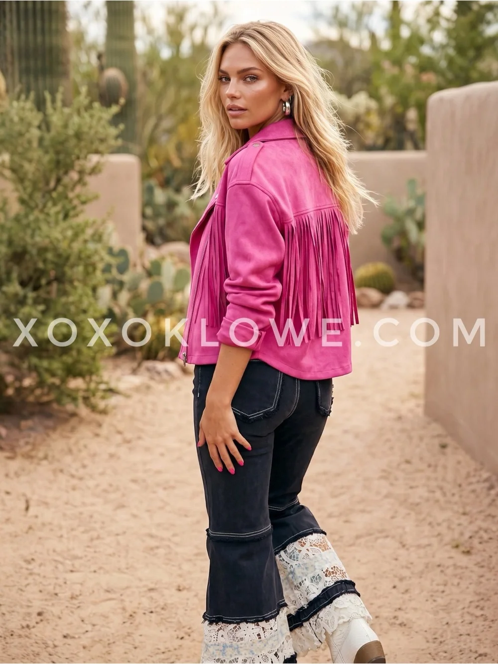 POL Hot Pink Vegan Suede Fringe Moto Jacket | Cropped Western Concert Biker